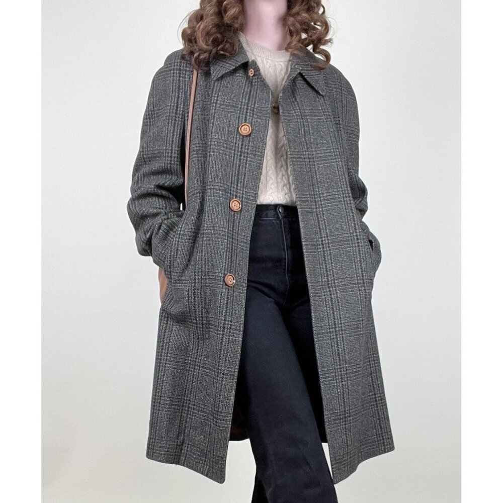 Vintage British Wool Tweed Knit Car Coat Jacket Overcoat English Plaid Peacoat